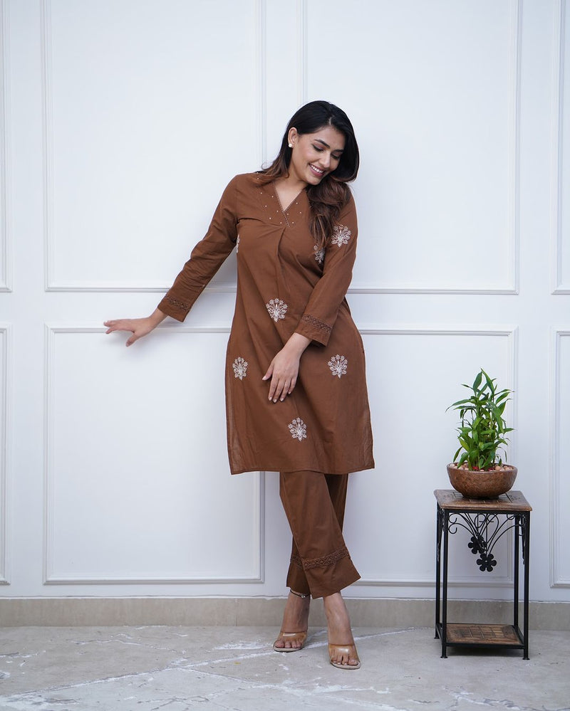 Upgrade your office wear wardrobe with this classy kurti  embroidery detailing moti lace work on neckline with lace work pant for all day comfort and trendy look