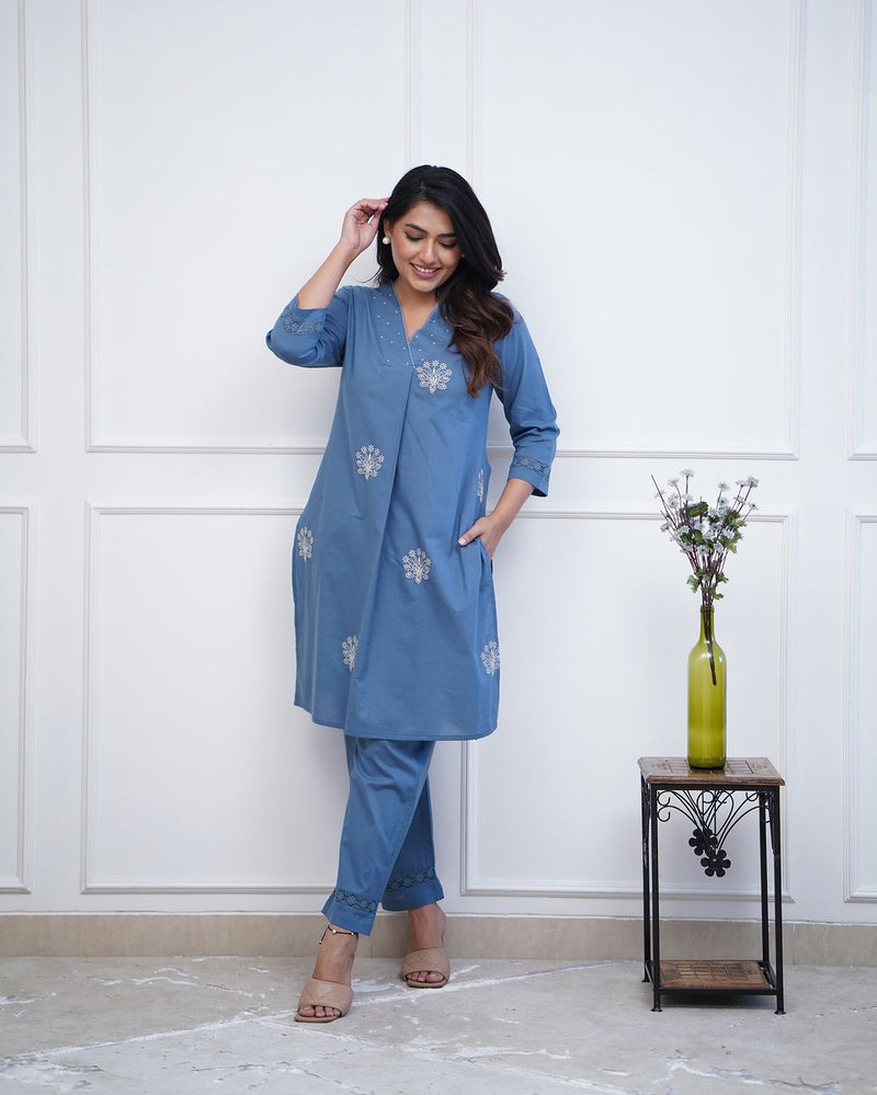 Upgrade your office wear wardrobe with this classy kurti  embroidery detailing moti lace work on neckline with lace work pant for all day comfort and trendy look