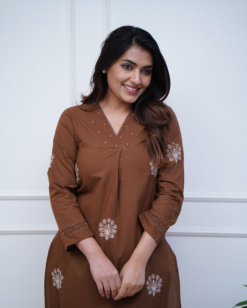 Upgrade your office wear wardrobe with this classy kurti  embroidery detailing moti lace work on neckline with lace work pant for all day comfort and trendy look