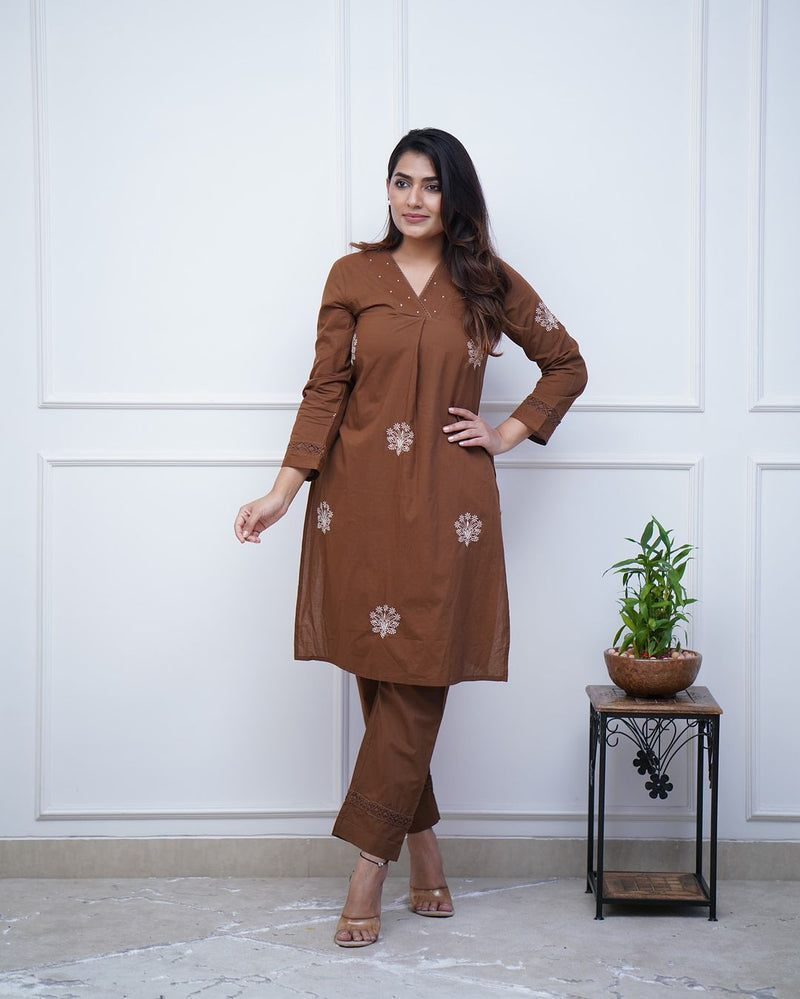 Upgrade your office wear wardrobe with this classy kurti  embroidery detailing moti lace work on neckline with lace work pant for all day comfort and trendy look