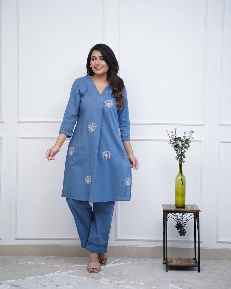 Upgrade your office wear wardrobe with this classy kurti  embroidery detailing moti lace work on neckline with lace work pant for all day comfort and trendy look