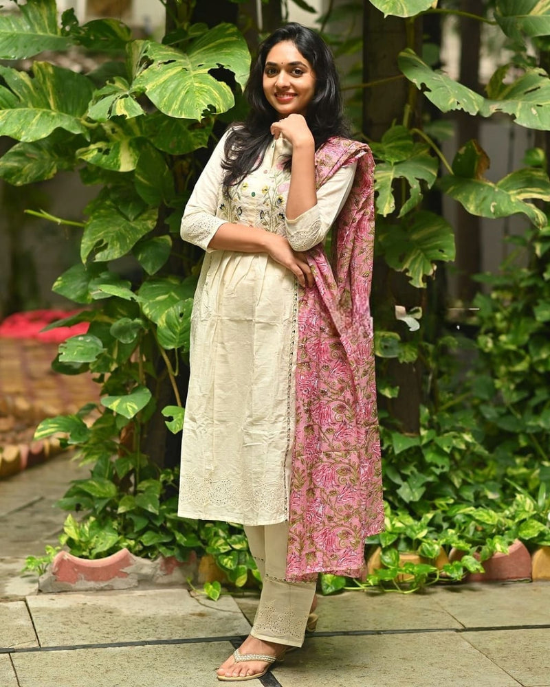 Cotton embroidered kurta with pants and dupatta will make you look the best.