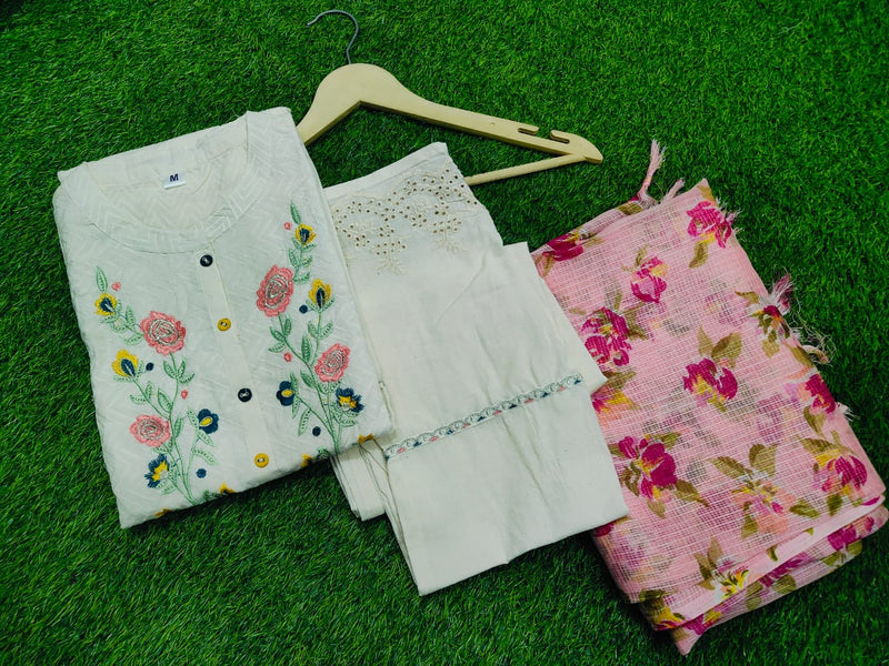 Cotton embroidered kurta with pants and dupatta will make you look the best.