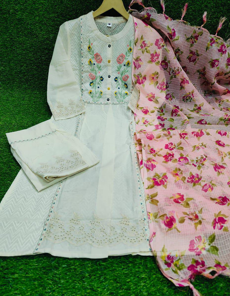 Cotton embroidered kurta with pants and dupatta will make you look the best.