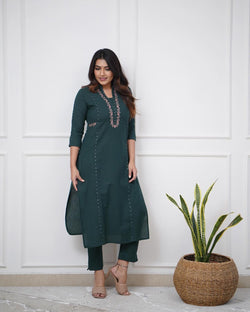 Pure cotton pleated pattern kurta with heavy embroided panels and sequence work..