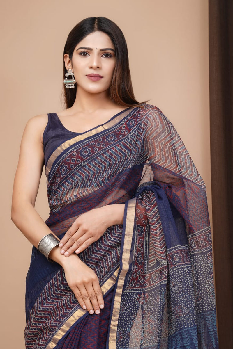 Exclusive hand Block Printed Kota Doria Saree (SWSRKO27)