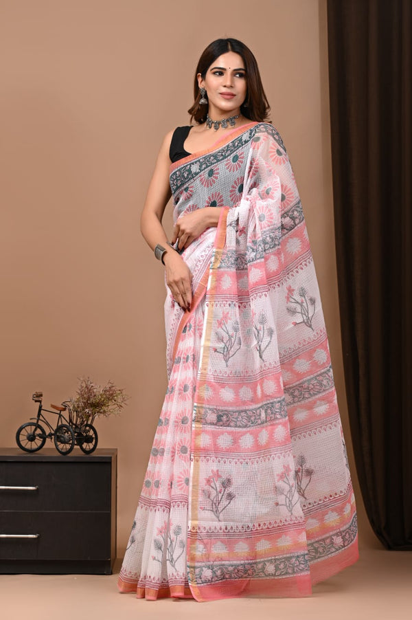 Exclusive hand Block Printed Kota Doria Saree (SWSRKO26)