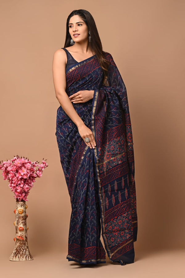 Premium Hand Block Printed Chanderi Silk Saree