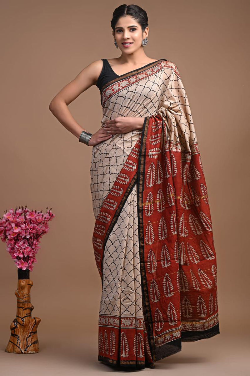 Premium Hand Block Printed Chanderi Silk Saree