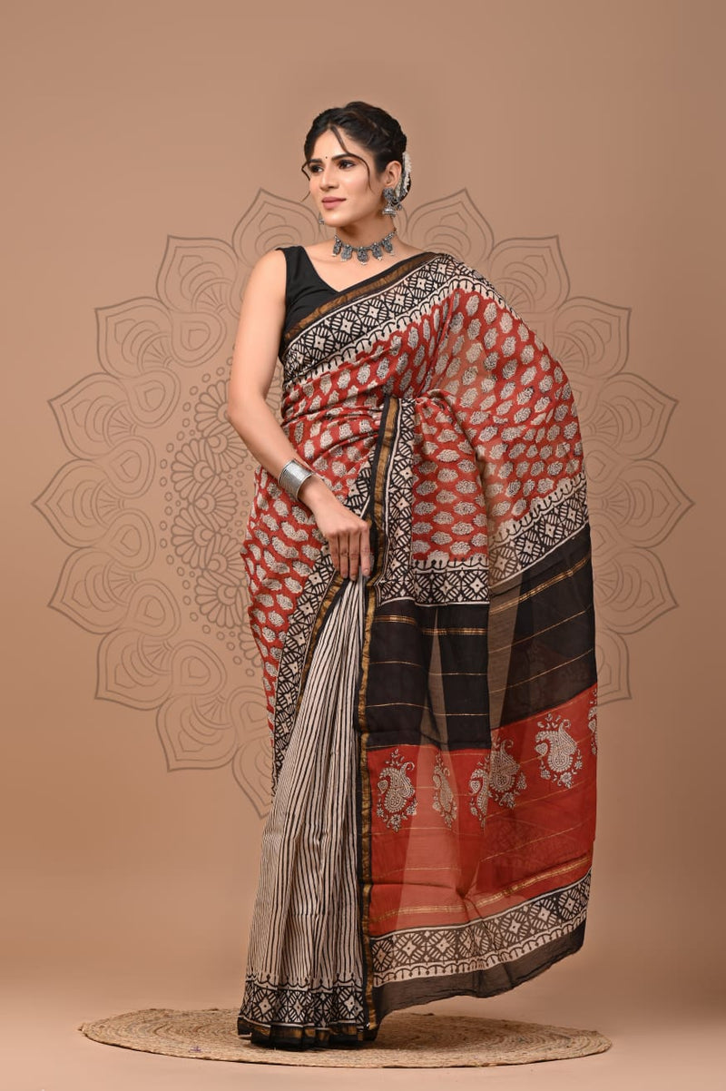 Premium Hand Block Printed Chanderi Silk Saree