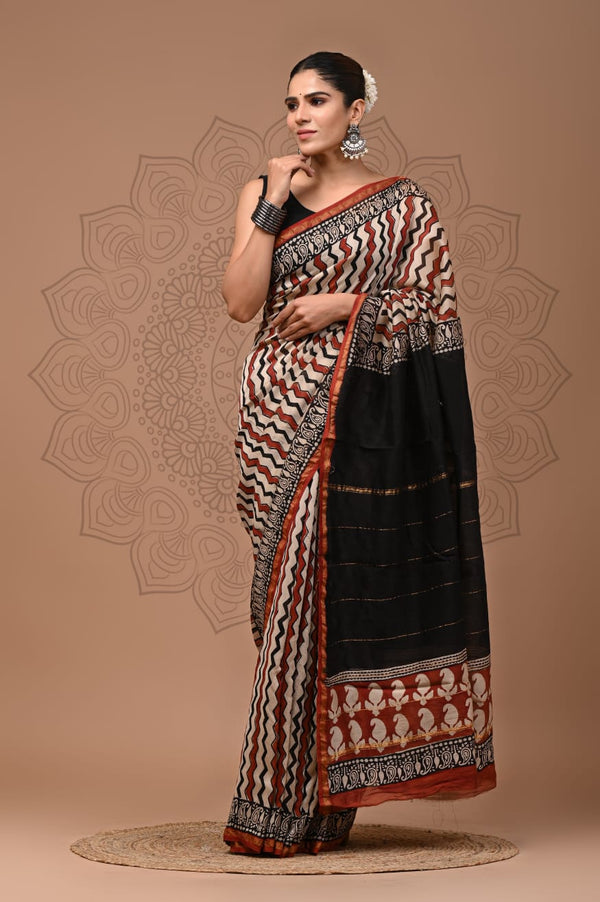 Premium Hand Block Printed Chanderi Silk Saree