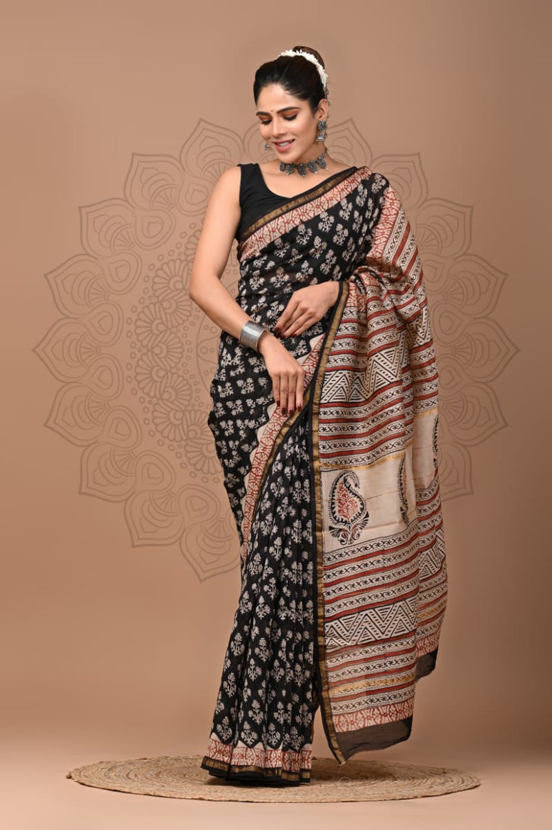 Premium Hand Block Printed Chanderi Silk Saree