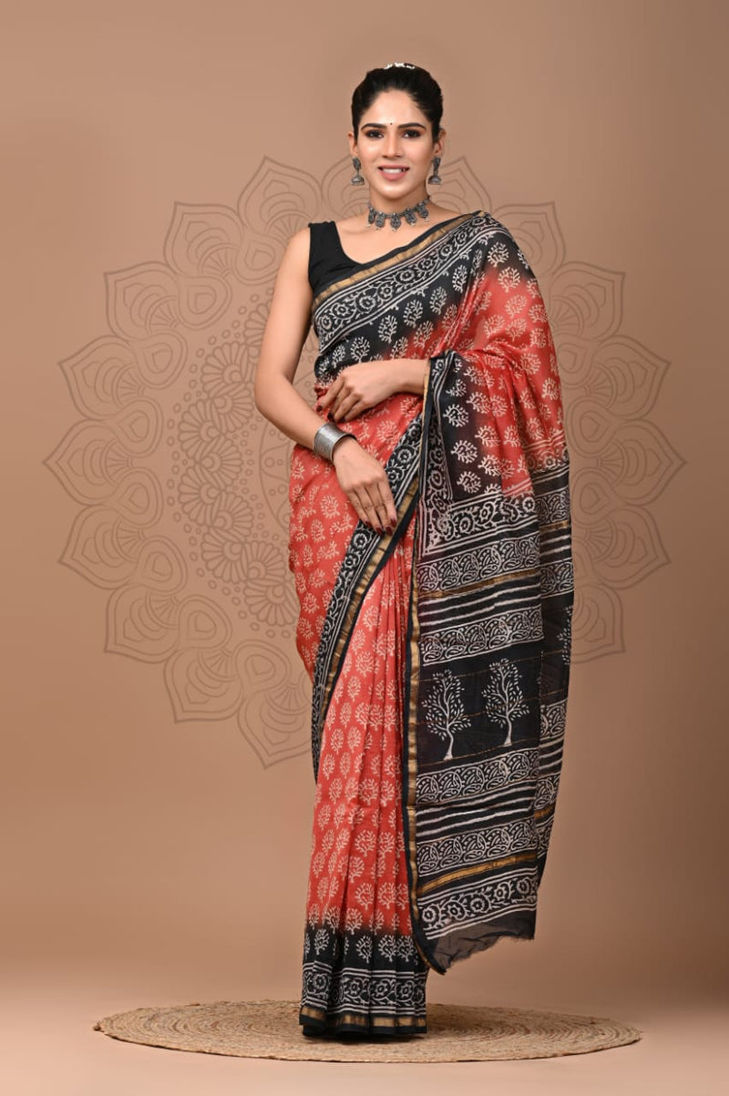 Premium Hand Block Printed Chanderi Silk Saree