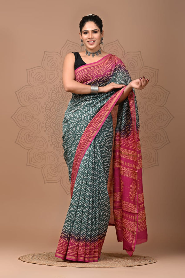 Premium Hand Block Printed Chanderi Silk Saree