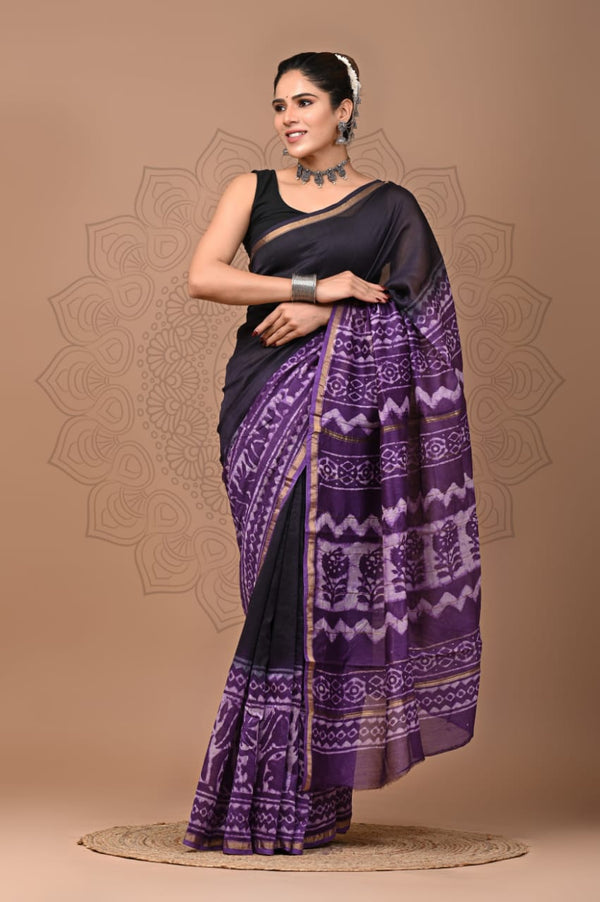 Premium Hand Block Printed Chanderi Silk Saree (SWSRCHACH30)