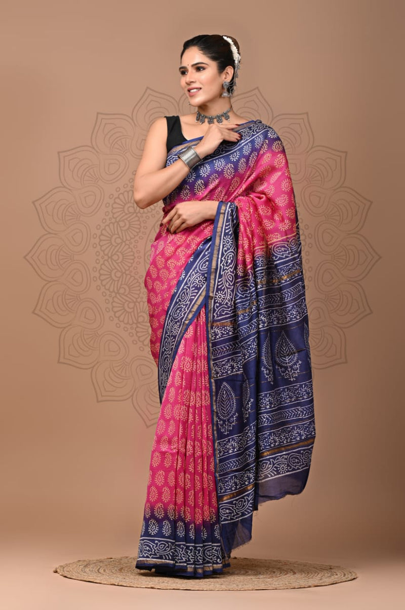 Premium Hand Block Printed Chanderi Silk Saree