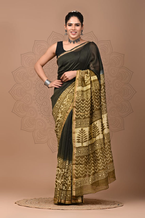 Premium Hand Block Printed Chanderi Silk Saree (SWSRCHACH28)