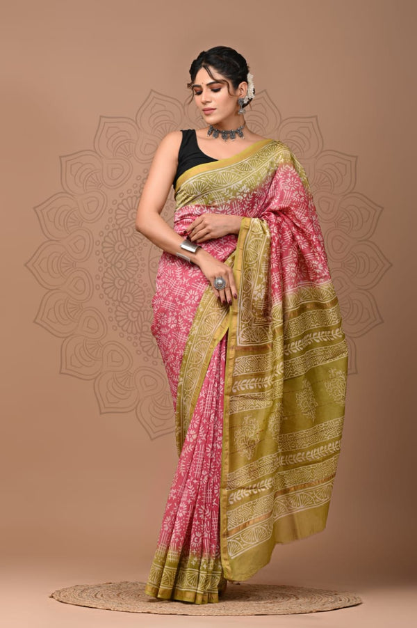 Premium Hand Block Printed Chanderi Silk Saree (SWSRCHACH24)