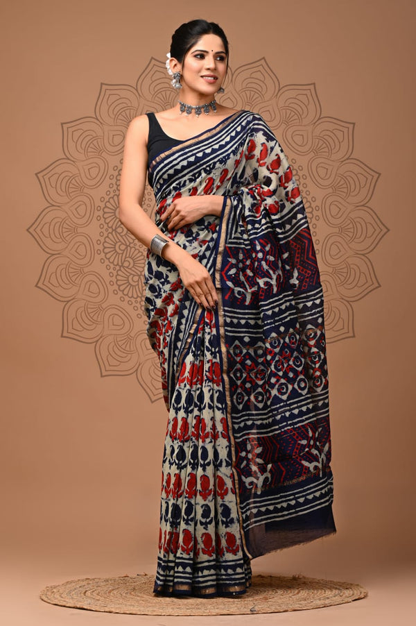 Premium Hand Block Printed Chanderi Silk Saree (SWSRCHACH02)