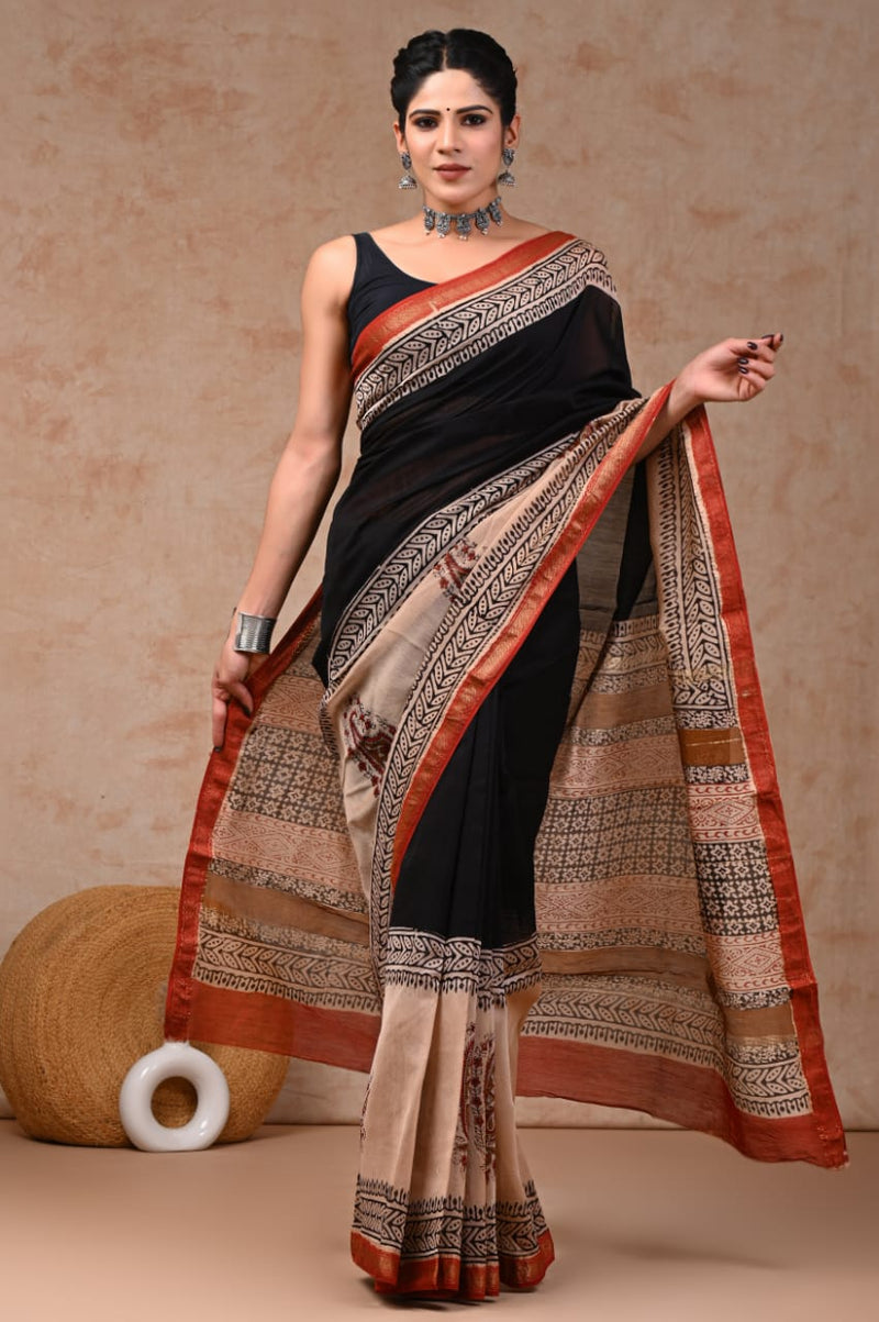 Exclusive Hand Block Printed Maheshwari Silk Saree (SWSRMAH07)