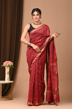 Exclusive Hand Block Printed Maheshwari Silk Saree (SWSRMAH01)