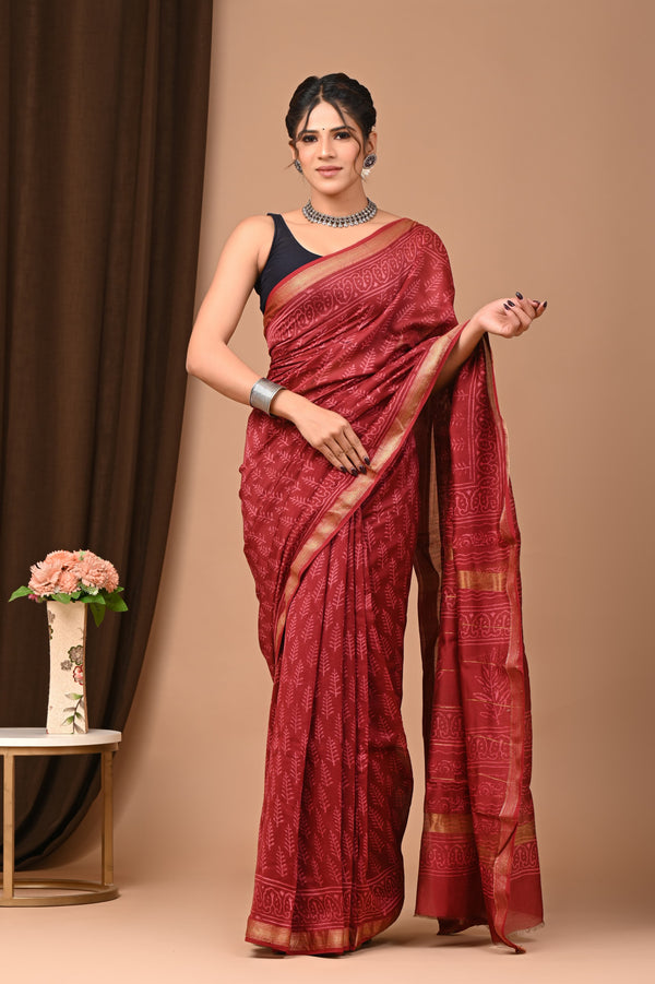 Exclusive Hand Block Printed Maheshwari Silk Saree (SWSRMAH01)