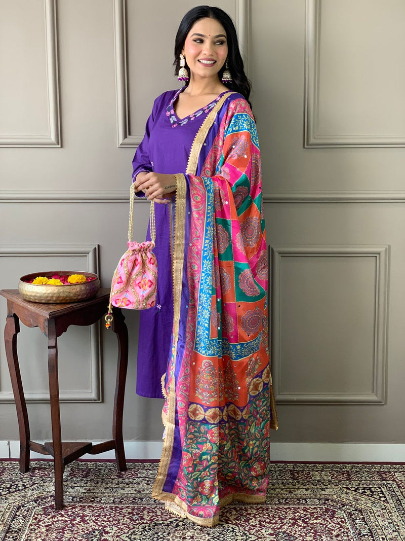 Our cotton kurta paired with standard bottom paired with beautiful mirror silk duppata..