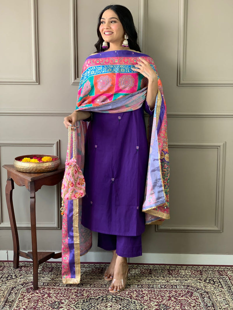 Our cotton kurta paired with standard bottom paired with beautiful mirror silk duppata..