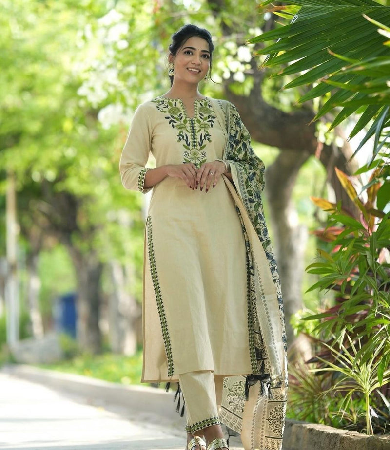 Our beautiful silk dupatta with all over kurta embroidered nd beautiful sleves embroidery workwork cotton kurta paired with standard same bottom fabric paired with beautiful art silk dupatta..