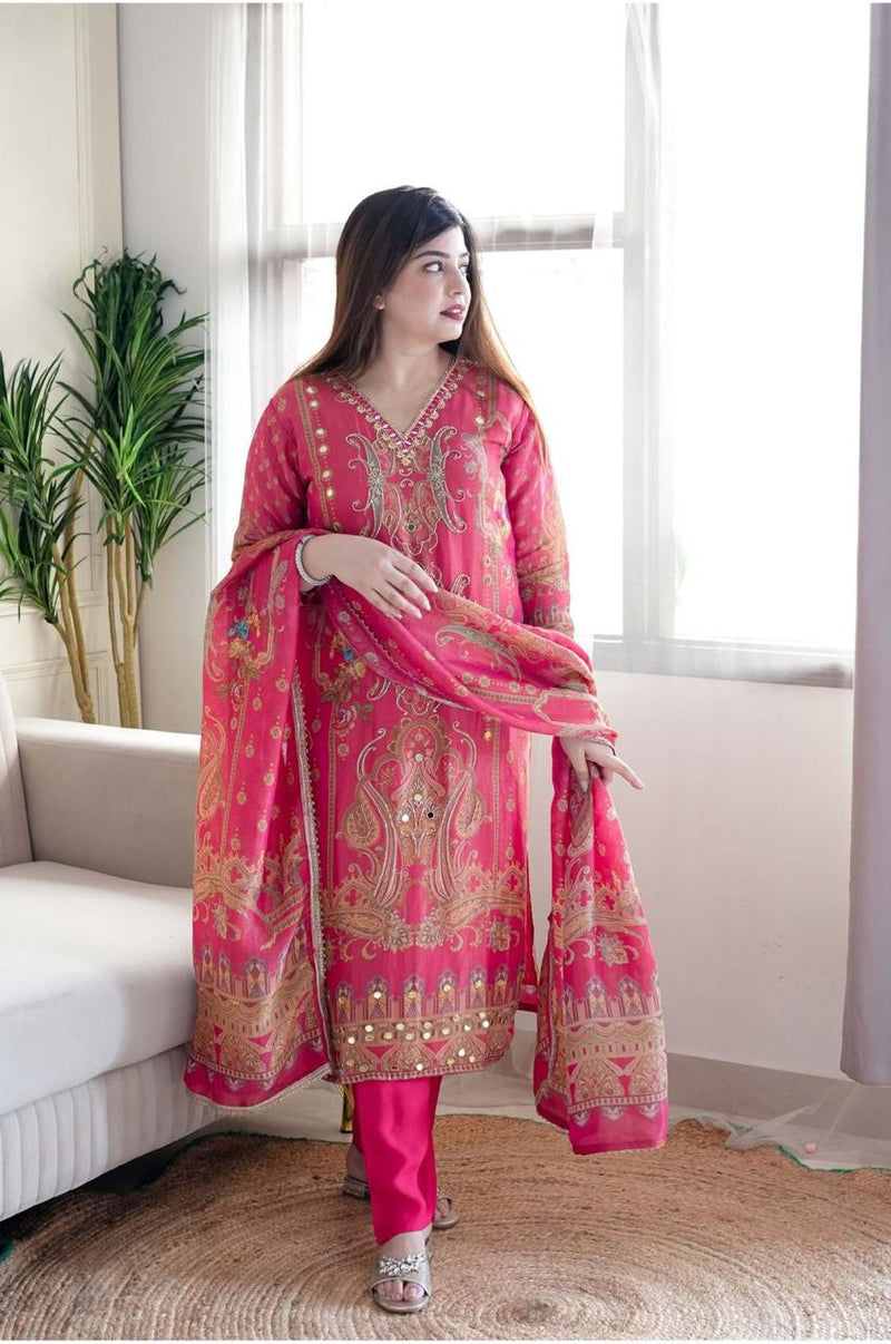 Featuring soothing yet😍 Model satin febric with print  work and full lining with silk pent and dupatta with embroidery work lace &amp;😘 Havvy stone work elegant printing