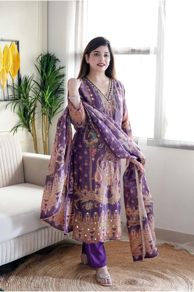 Featuring soothing yet😍 Model satin febric with print  work and full lining with silk pent and dupatta with embroidery work lace &amp;😘 Havvy stone work elegant printing