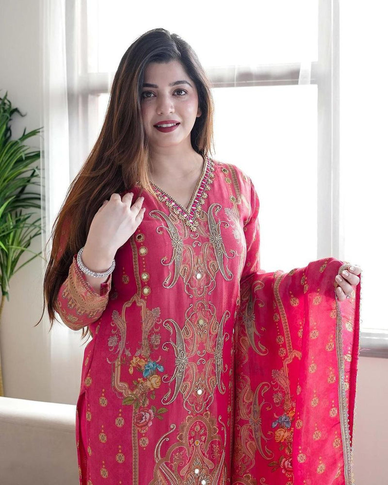 Featuring soothing yet😍 Model satin febric with print  work and full lining with silk pent and dupatta with embroidery work lace &amp;😘 Havvy stone work elegant printing