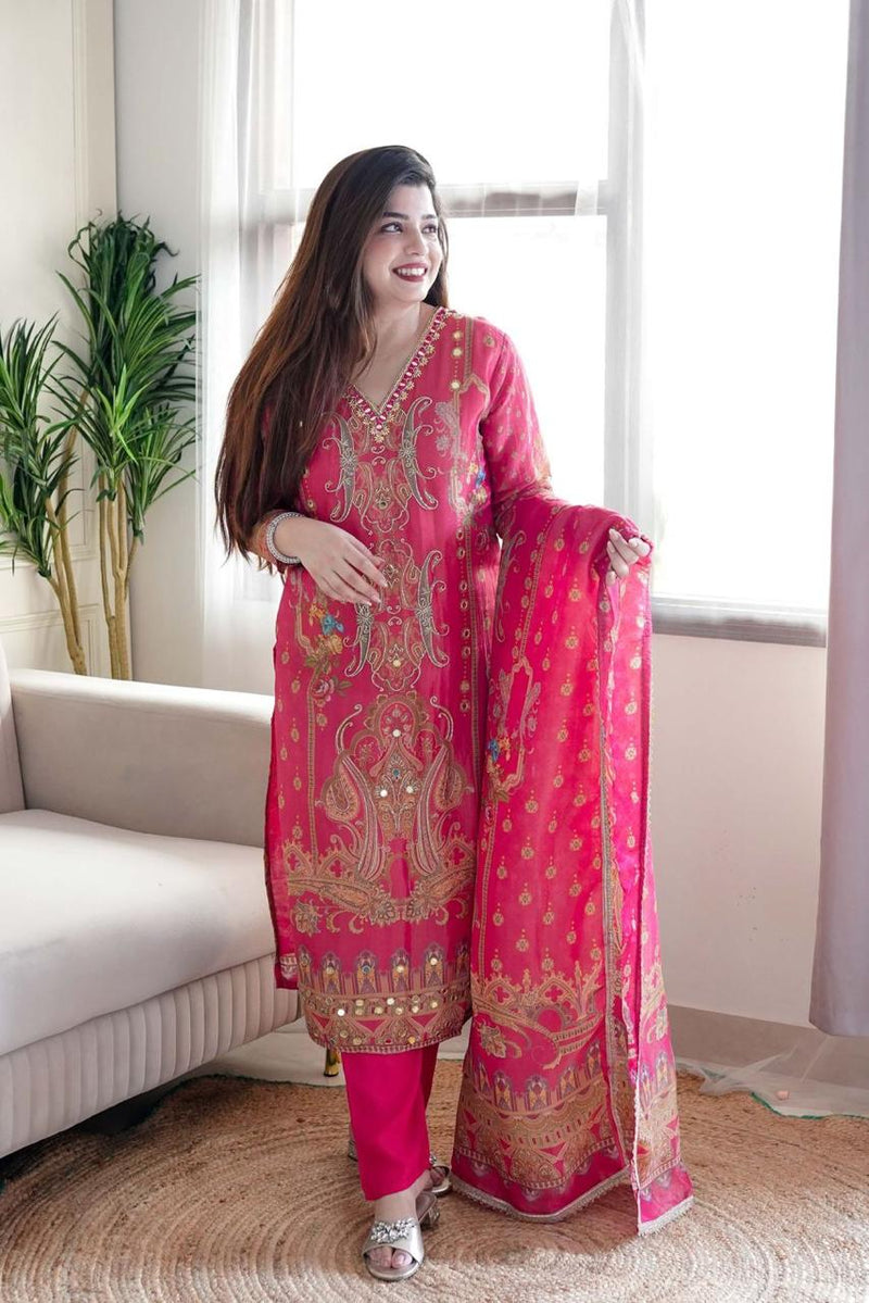 Featuring soothing yet😍 Model satin febric with print  work and full lining with silk pent and dupatta with embroidery work lace &amp;😘 Havvy stone work elegant printing