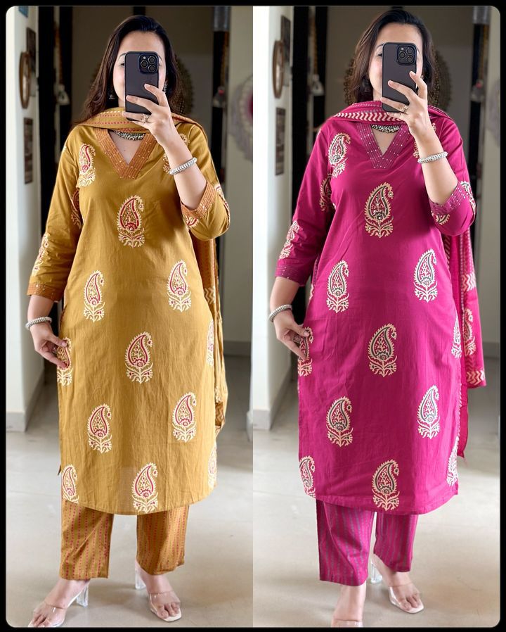 Pure fine Cotton fabric  Kurti with Pant with cotton 100-100 Dupatta🌹🌹Nack Hand work