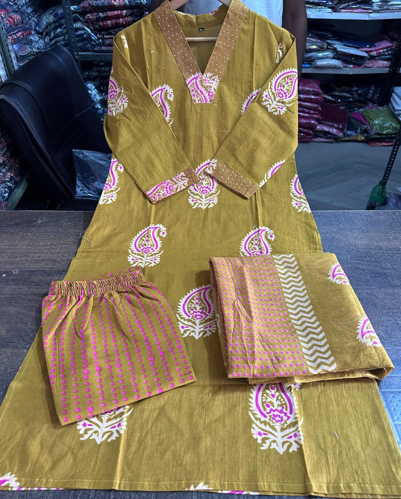 Pure fine Cotton fabric  Kurti with Pant with cotton 100-100 Dupatta🌹🌹Nack Hand work