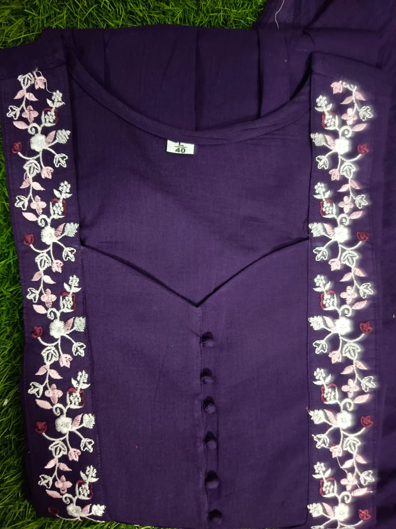 Pure Cotton60-60 super dyeing kurta with beautiful emb neck yoke  cotton pant with emb full cotton dupatta.