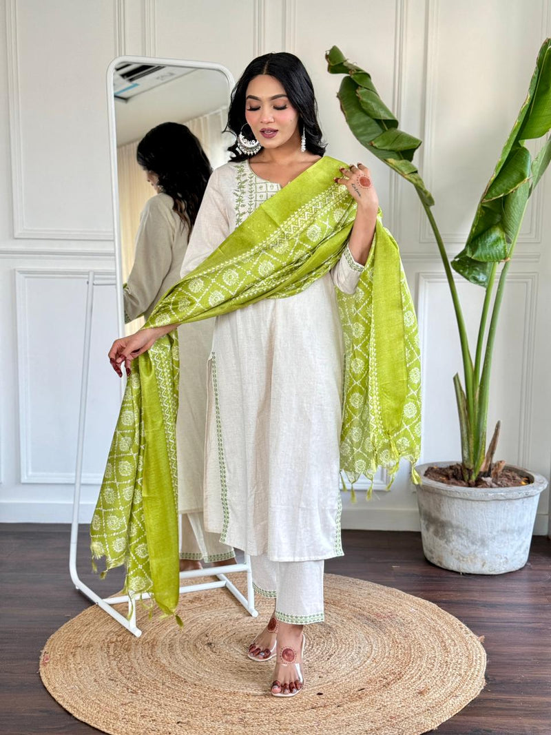 Our beautiful silk dupatta with all over kurta embroidered nd beautiful sleves embroidery workwork cotton kurta paired with standard same bottom fabric paired with beautiful art silk dupatta..