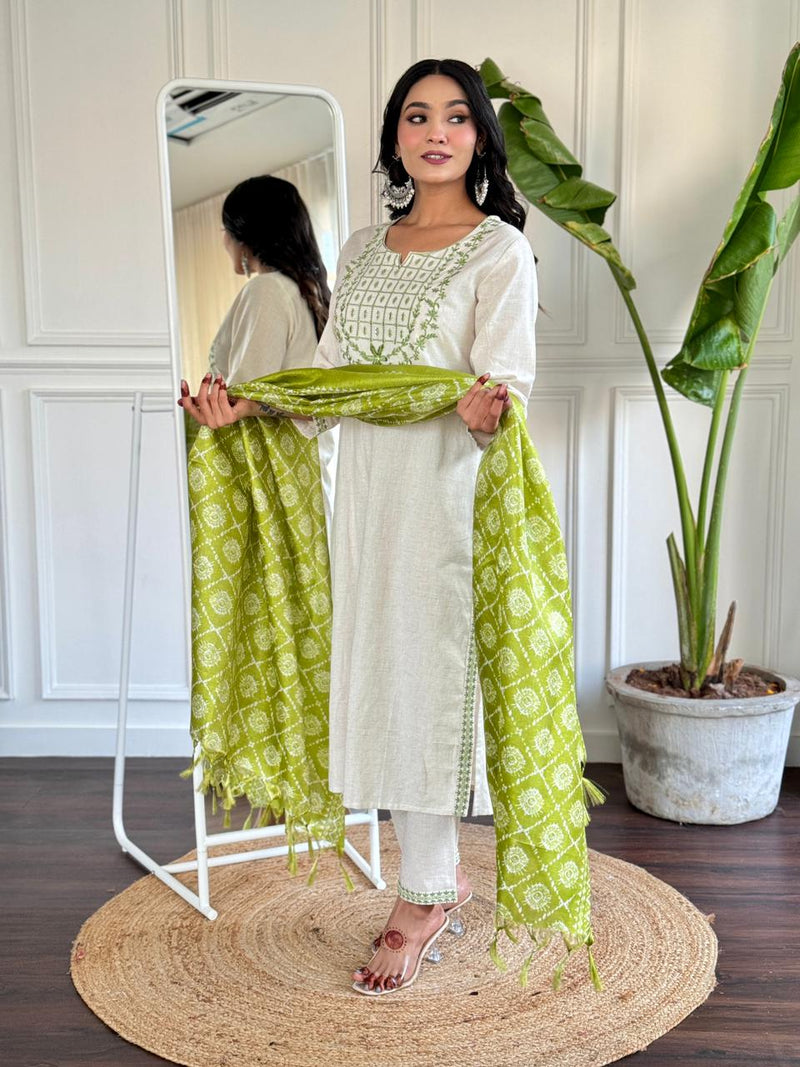 Our beautiful silk dupatta with all over kurta embroidered nd beautiful sleves embroidery workwork cotton kurta paired with standard same bottom fabric paired with beautiful art silk dupatta..