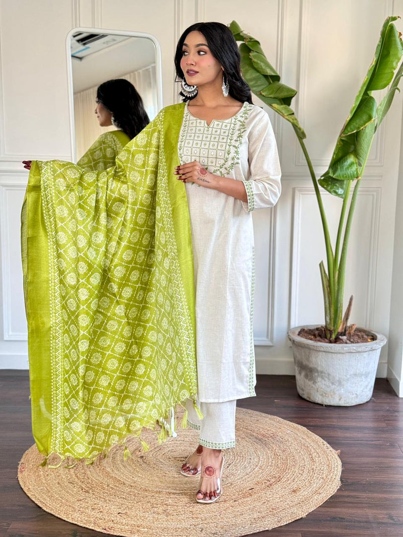 Our beautiful silk dupatta with all over kurta embroidered nd beautiful sleves embroidery workwork cotton kurta paired with standard same bottom fabric paired with beautiful art silk dupatta..