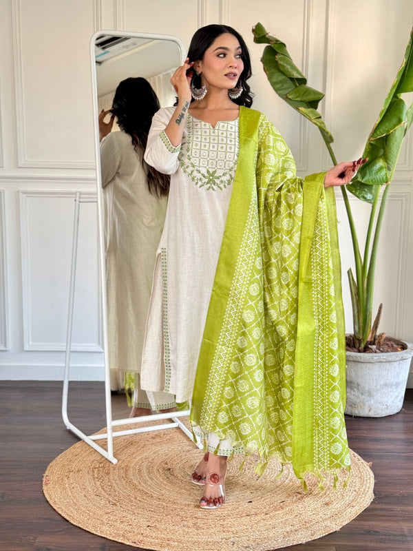 Our beautiful silk dupatta with all over kurta embroidered nd beautiful sleves embroidery workwork cotton kurta paired with standard same bottom fabric paired with beautiful art silk dupatta..