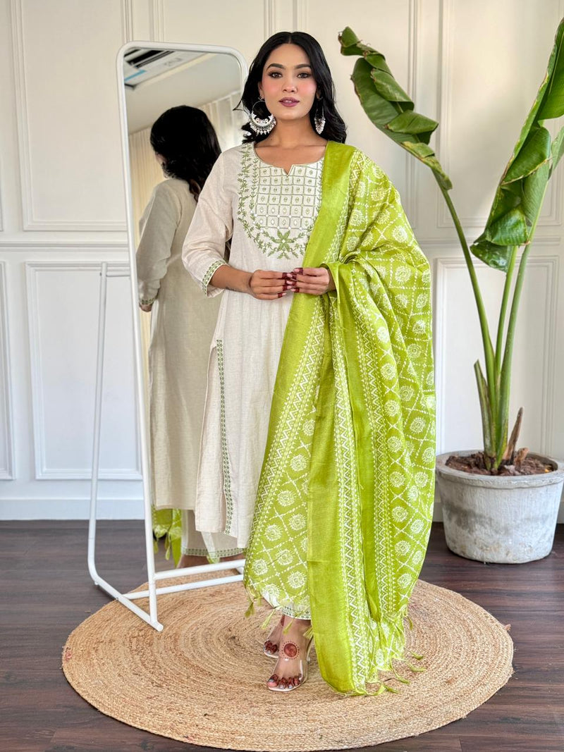 Our beautiful silk dupatta with all over kurta embroidered nd beautiful sleves embroidery workwork cotton kurta paired with standard same bottom fabric paired with beautiful art silk dupatta..