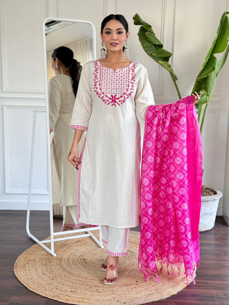 Our beautiful silk dupatta with all over kurta embroidered nd beautiful sleves embroidery workwork cotton kurta paired with standard same bottom fabric paired with beautiful art silk dupatta..