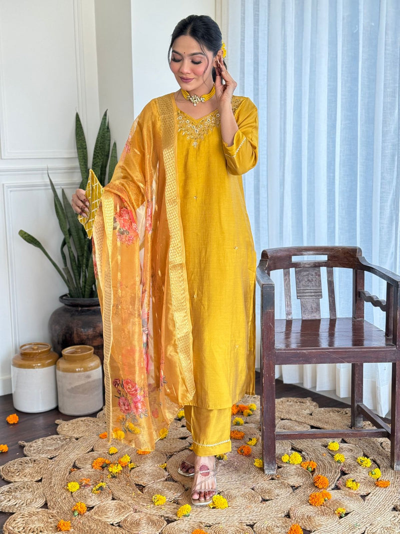 Look straight out of a dreamy movie set as you turn around and walk in this elegant roman silk (attached crepe inner) hand premium work suit.. (NFRD10)