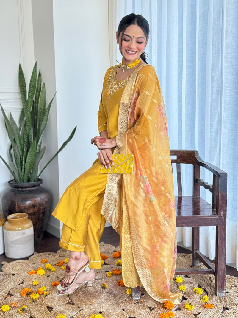 Look straight out of a dreamy movie set as you turn around and walk in this elegant roman silk (attached crepe inner) hand premium work suit.. (NFRD10)