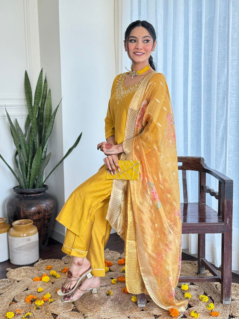 Look straight out of a dreamy movie set as you turn around and walk in this elegant roman silk (attached crepe inner) hand premium work suit.. (NFRD10)