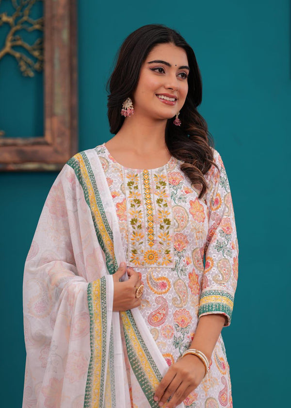 Straight chikankari Digital floral Print Kurti with printed pant and heavy printed malmal dupatta ❣️(NFRD57)