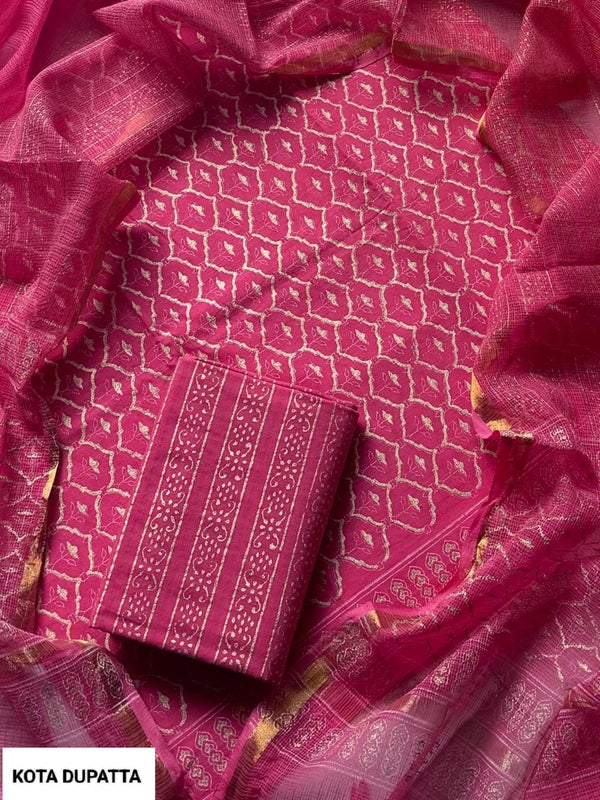 New Hand Block Print Cotton Suit Set with Kota Doria Dupatta