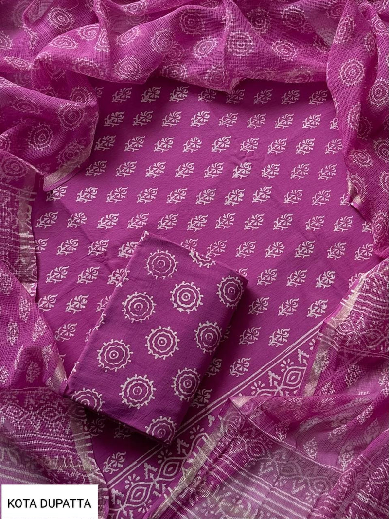 Excusive Hand Block Print Cotton Suit Set with Kota Doria Dupatta