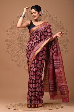 Exclusive Hand Block Printed Maheshwari Silk Saree (SWSRMAH07)