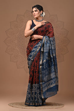 Exclusive Hand Block Printed Maheshwari Silk Saree (SWSRMAH05)